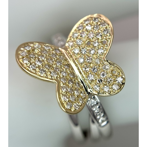 1165 - A 14K Yellow Gold Split Band Ring with Diamond Encrusted Ornate Butterfly. 4 stones missing. 11mm wi... 