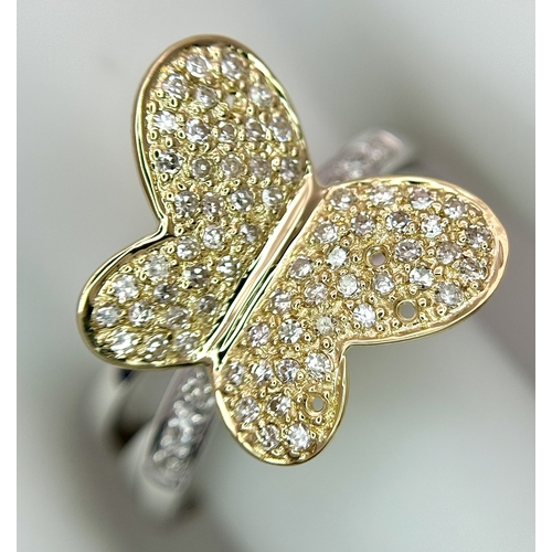 1165 - A 14K Yellow Gold Split Band Ring with Diamond Encrusted Ornate Butterfly. 4 stones missing. 11mm wi... 