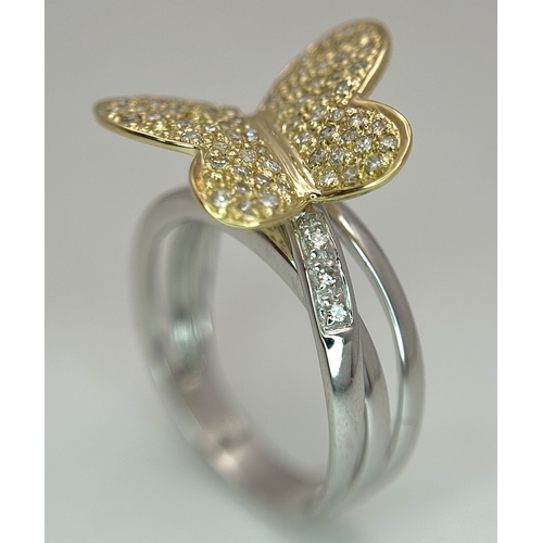 1165 - A 14K Yellow Gold Split Band Ring with Diamond Encrusted Ornate Butterfly. 4 stones missing. 11mm wi... 