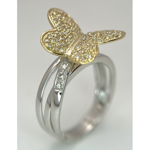 1165 - A 14K Yellow Gold Split Band Ring with Diamond Encrusted Ornate Butterfly. 4 stones missing. 11mm wi... 