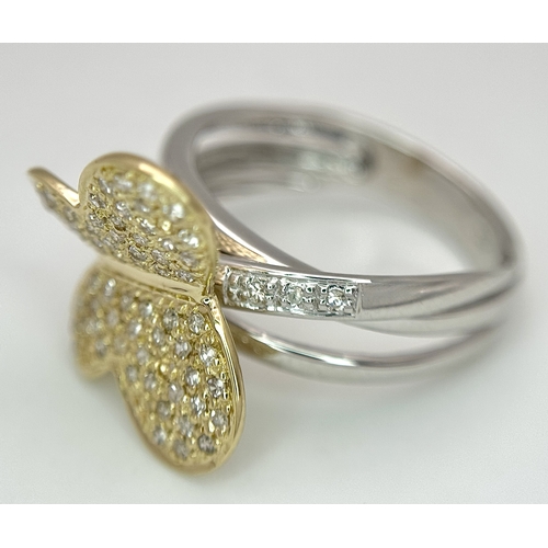 1165 - A 14K Yellow Gold Split Band Ring with Diamond Encrusted Ornate Butterfly. 4 stones missing. 11mm wi... 