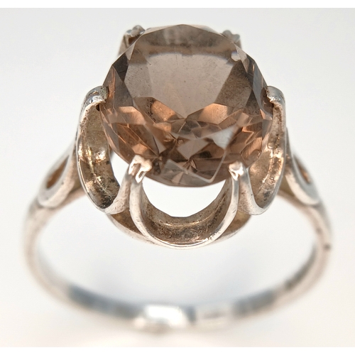 532 - Impressive Vintage SMOKEY QUARTZ SOLITAIRE RING. Consisting a Large (3 carat) Oval Cut  Smokey Quart... 