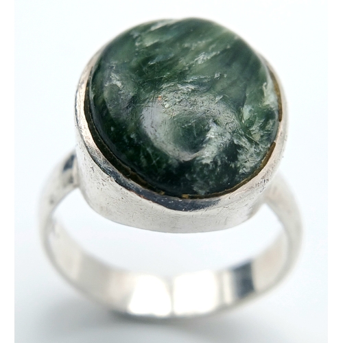 560 - Classic  SILVER RING Set With HEALING SERAPHINITE GEMSTONE. Size L 1/2 - M.
