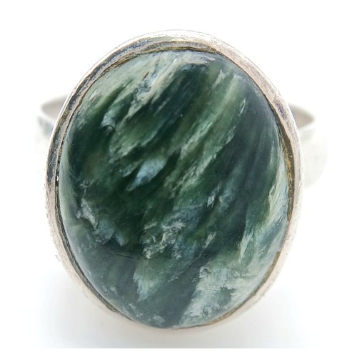 560 - Classic  SILVER RING Set With HEALING SERAPHINITE GEMSTONE. Size L 1/2 - M.
