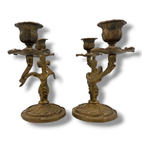 1178 - A Pair of antique Chinese Candlestick Holders. With floral detailing, curved branch-form arms and du... 