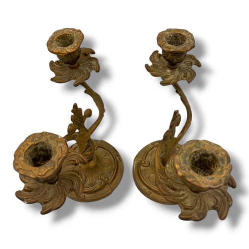 1178 - A Pair of antique Chinese Candlestick Holders. With floral detailing, curved branch-form arms and du... 