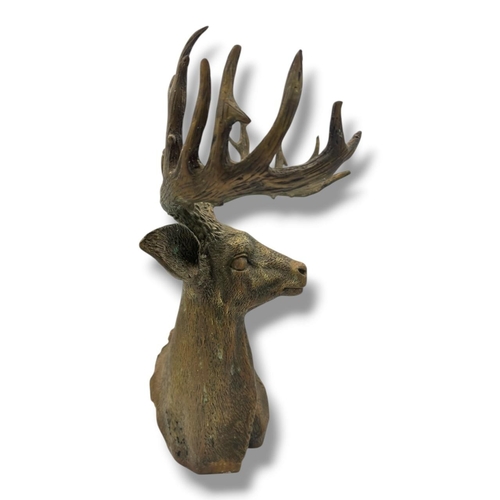 1206 - An antique Chinese Cast Bronze Stag Wall Mount Sculpture. Impressive stag head modelled with large b... 