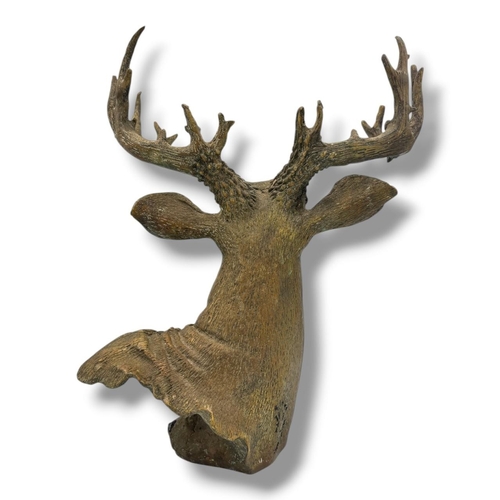 1206 - An antique Chinese Cast Bronze Stag Wall Mount Sculpture. Impressive stag head modelled with large b... 