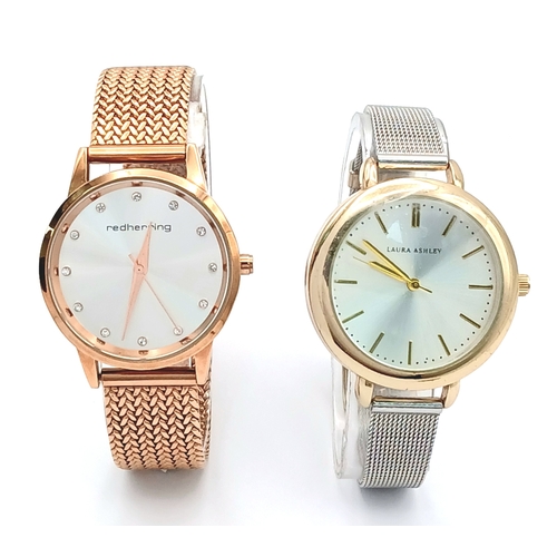 1064 - A PAIR OF LADIES WRISTWATCHES. A RED HERRING, ROSE GOLD TONE, MESH BRACELET WATCH AND A LAURA ASHLEY... 