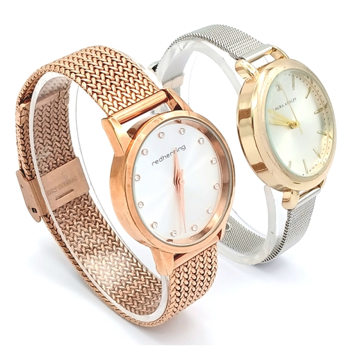 1064 - A PAIR OF LADIES WRISTWATCHES. A RED HERRING, ROSE GOLD TONE, MESH BRACELET WATCH AND A LAURA ASHLEY... 