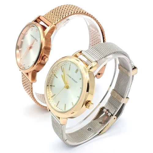 1064 - A PAIR OF LADIES WRISTWATCHES. A RED HERRING, ROSE GOLD TONE, MESH BRACELET WATCH AND A LAURA ASHLEY... 