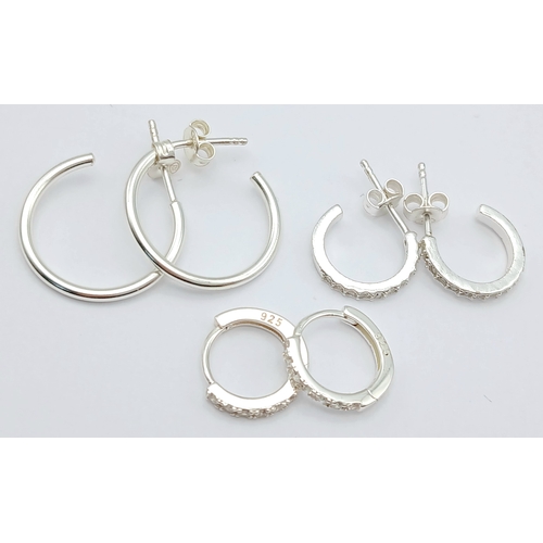 1182 - A SELECTION OF 3 PAIRS OF, STERLING SILVER HOOP EARRINGS. 2 PAIRS ARE STONE SET. TOTAL WEIGHT 4.3G. ... 