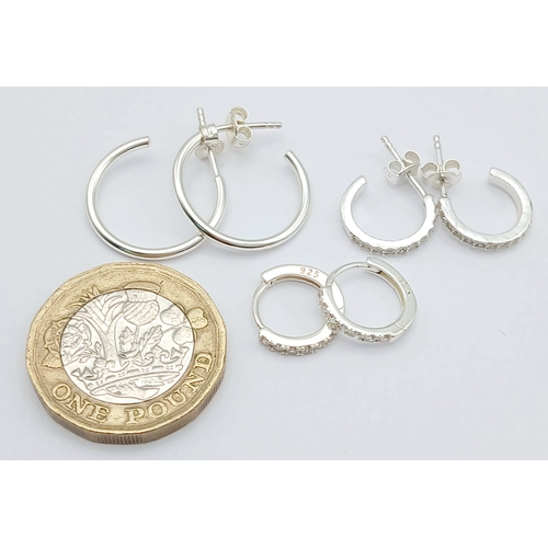 1182 - A SELECTION OF 3 PAIRS OF, STERLING SILVER HOOP EARRINGS. 2 PAIRS ARE STONE SET. TOTAL WEIGHT 4.3G. ... 