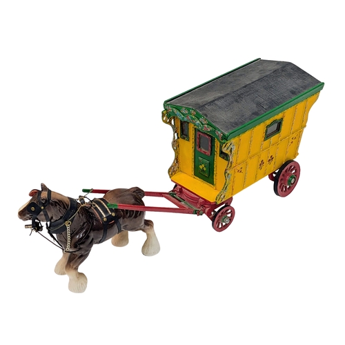 1876 - A vintage hand made, wooden Gypsy caravan with a china horse. A lovely item with great detail.