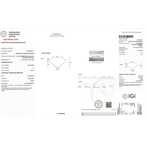 47 - A 1.53ct Radiant Cut Lab-Grown Diamond. Colour D, clarity VVS2. IGI certified. Cert no: LG737522411.... 