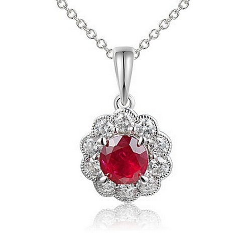 121 - An 18K White Gold, Claw-Set Round Ruby with Micro-Set Diamond Halo Pendant including Chain 18