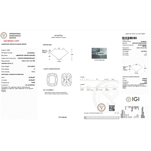 135 - A 2.59ct Cushion Cut Lab-Grown Diamond. Colour D, clarity VVS2. IGI certified. Cert no: LG724579261.... 