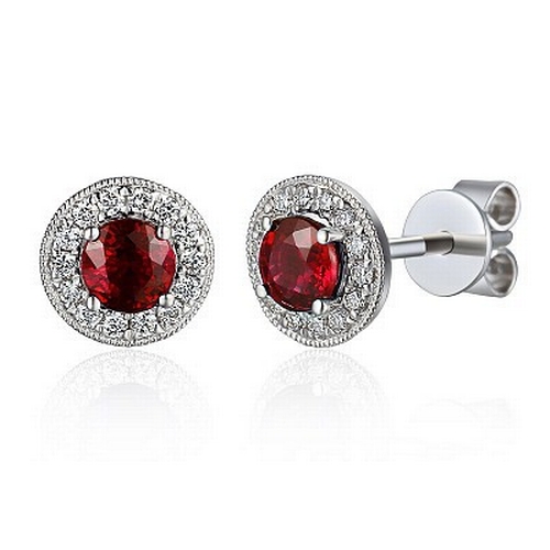 142 - A Pair of 18K White Gold Claw-Set Ruby and Micro-Set Diamond Halo Earrings. 0.67ctw gemstones. 1.9g ... 