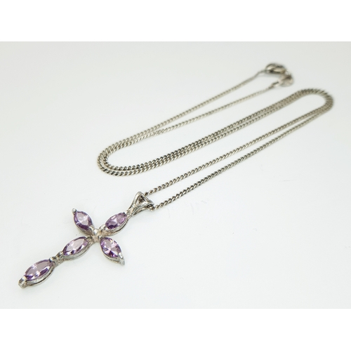 148 - A 925 Sterling Silver Necklace with Amethyst Cross Pendant. Approx 40cm length, pendant drop 3.5cm. ... 