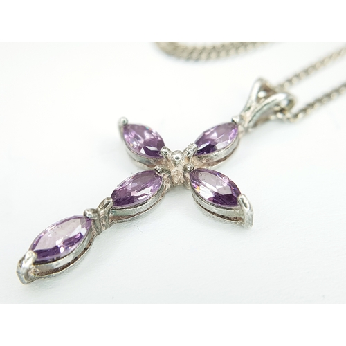 148 - A 925 Sterling Silver Necklace with Amethyst Cross Pendant. Approx 40cm length, pendant drop 3.5cm. ... 