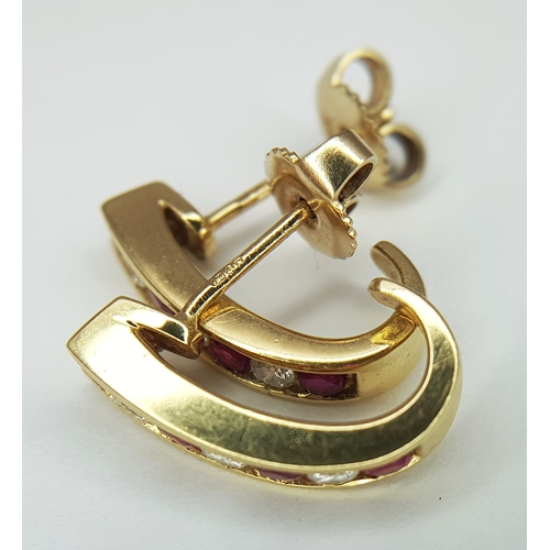 125 - A PAIR OF 18K YELLOW GOLD, DIAMOND AND RUBY SET DROP EARRINGS. TOTAL WEIGHT 3.4G. TAN 9003