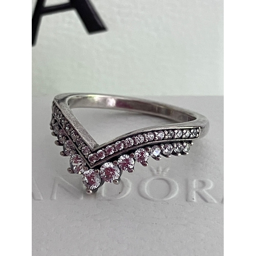 126 - Genuine PANDORA Jewelled ‘DOUBLE WISHBONE’  SILVER RING with RING BOX  and PANDORA GIFT BAG. Size 52... 