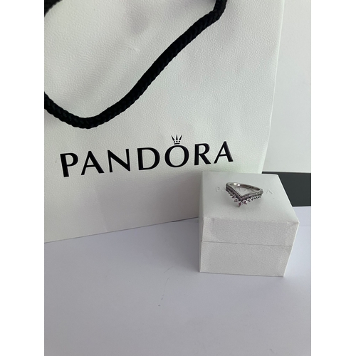 126 - Genuine PANDORA Jewelled ‘DOUBLE WISHBONE’  SILVER RING with RING BOX  and PANDORA GIFT BAG. Size 52... 
