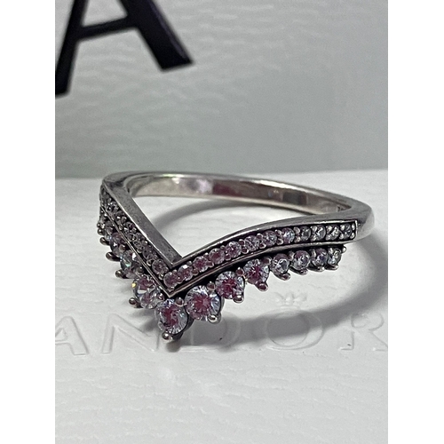 126 - Genuine PANDORA Jewelled ‘DOUBLE WISHBONE’  SILVER RING with RING BOX  and PANDORA GIFT BAG. Size 52... 