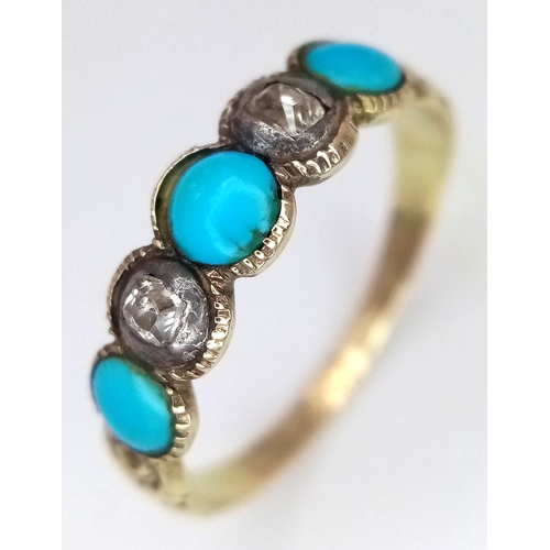 139 - A 14K YELLOW GOLD, ANTIQUE, OLD CUT DIAMOND AND TURQUOISE SET 5 STONE RING. TOTAL WEIGHT 2.2G, SIZE ... 