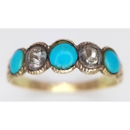 139 - A 14K YELLOW GOLD, ANTIQUE, OLD CUT DIAMOND AND TURQUOISE SET 5 STONE RING. TOTAL WEIGHT 2.2G, SIZE ... 