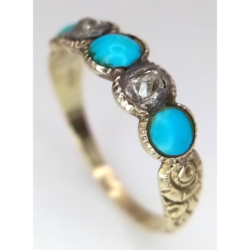 139 - A 14K YELLOW GOLD, ANTIQUE, OLD CUT DIAMOND AND TURQUOISE SET 5 STONE RING. TOTAL WEIGHT 2.2G, SIZE ... 
