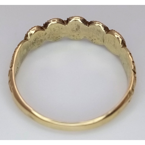 139 - A 14K YELLOW GOLD, ANTIQUE, OLD CUT DIAMOND AND TURQUOISE SET 5 STONE RING. TOTAL WEIGHT 2.2G, SIZE ... 