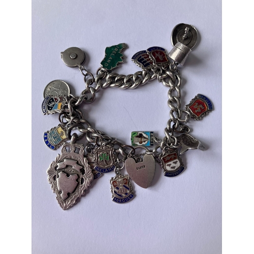 140 - Vintage SILVER CHARM BRACELET with SILVER PADLOCK and  Antique Hallmarked  SILVER FOB MEDAL. 52 Gram... 