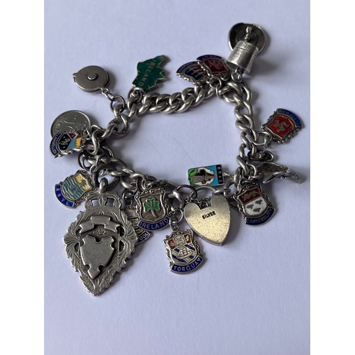 140 - Vintage SILVER CHARM BRACELET with SILVER PADLOCK and  Antique Hallmarked  SILVER FOB MEDAL. 52 Gram... 