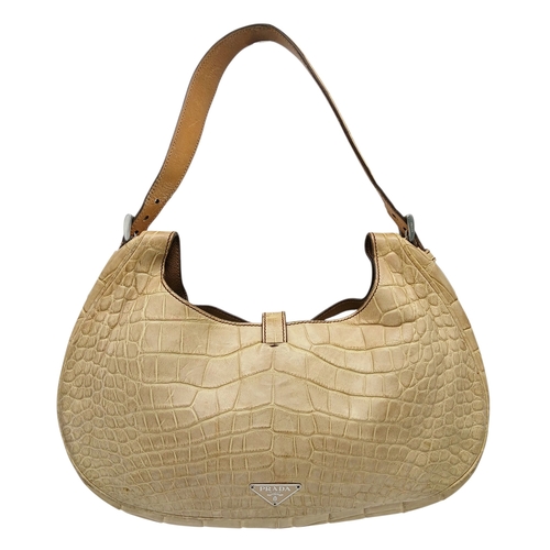 145 - A Prada Croc-Embossed Leather Shoulder Bag. Beige leather exterior with silver-tone Prada logo plaqu... 