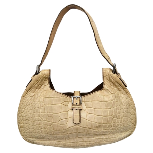 145 - A Prada Croc-Embossed Leather Shoulder Bag. Beige leather exterior with silver-tone Prada logo plaqu... 