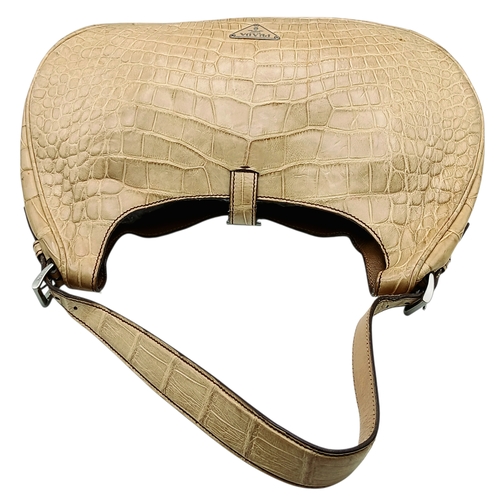 145 - A Prada Croc-Embossed Leather Shoulder Bag. Beige leather exterior with silver-tone Prada logo plaqu... 