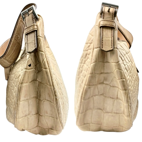 145 - A Prada Croc-Embossed Leather Shoulder Bag. Beige leather exterior with silver-tone Prada logo plaqu... 