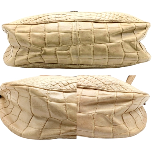 145 - A Prada Croc-Embossed Leather Shoulder Bag. Beige leather exterior with silver-tone Prada logo plaqu... 