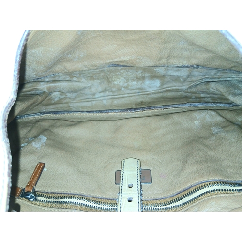 145 - A Prada Croc-Embossed Leather Shoulder Bag. Beige leather exterior with silver-tone Prada logo plaqu... 
