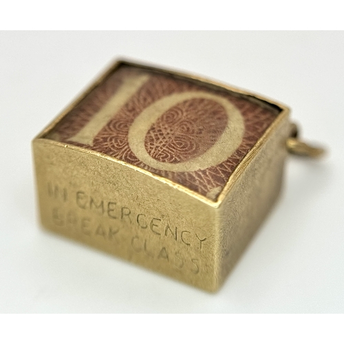 154 - Vintage 9 CARAT GOLD,  TEN SHILLING NOTE, GOLD CASED CHARM. Full UK hallmark. 2.7 Grams Gross.