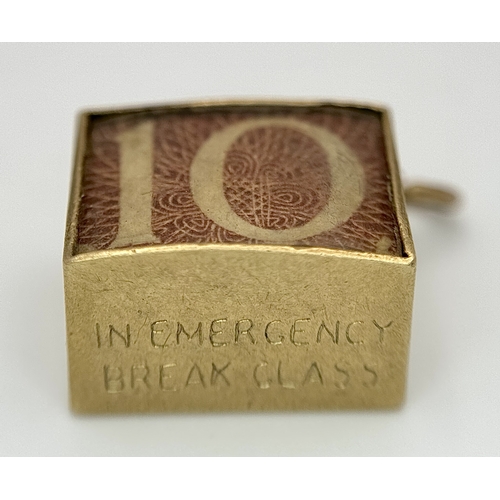 154 - Vintage 9 CARAT GOLD,  TEN SHILLING NOTE, GOLD CASED CHARM. Full UK hallmark. 2.7 Grams Gross.