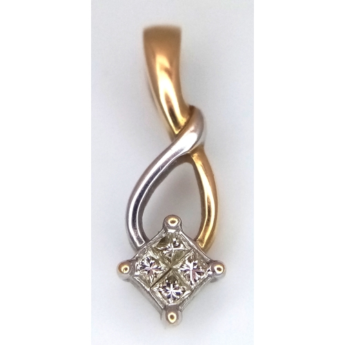 164 - AN 18K 2 COLOUR GOLD, DIAMOND SET, DROP PENDANT. 0.14CT WEIGHT. TOTAL WEIGHT 1.6G. SC 9062