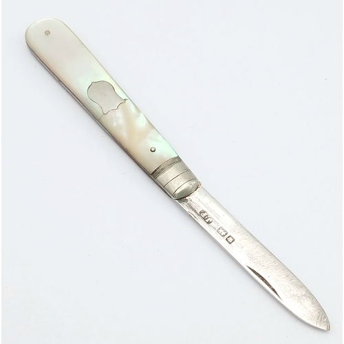 168 - Antique SILVER BLADED FRUIT KNIFE. Mother-of-pearl handle.Hallmark for James Fenton, Sheffield circa... 