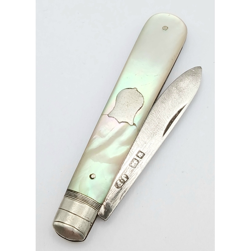 168 - Antique SILVER BLADED FRUIT KNIFE. Mother-of-pearl handle.Hallmark for James Fenton, Sheffield circa... 