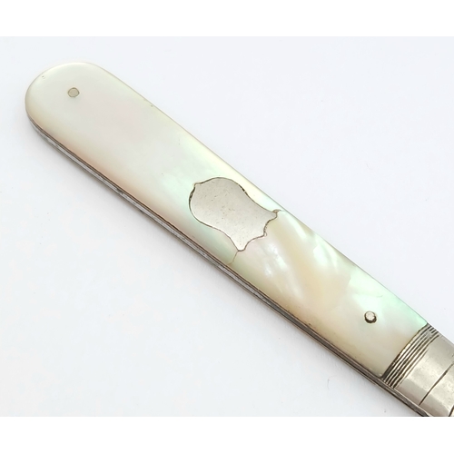 168 - Antique SILVER BLADED FRUIT KNIFE. Mother-of-pearl handle.Hallmark for James Fenton, Sheffield circa... 