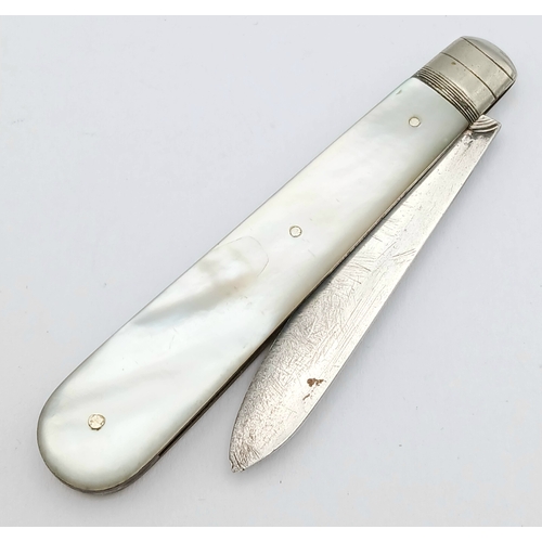 168 - Antique SILVER BLADED FRUIT KNIFE. Mother-of-pearl handle.Hallmark for James Fenton, Sheffield circa... 
