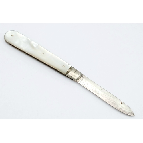 168 - Antique SILVER BLADED FRUIT KNIFE. Mother-of-pearl handle.Hallmark for James Fenton, Sheffield circa... 