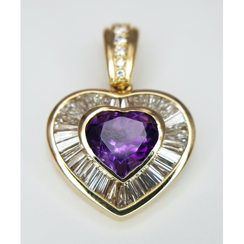170 - An 18K Yellow Gold, Amethyst and Diamond Heart Pendant. A 2ct heart shaped centre stone with a taper... 