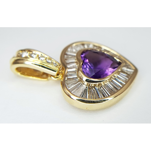 170 - An 18K Yellow Gold, Amethyst and Diamond Heart Pendant. A 2ct heart shaped centre stone with a taper... 